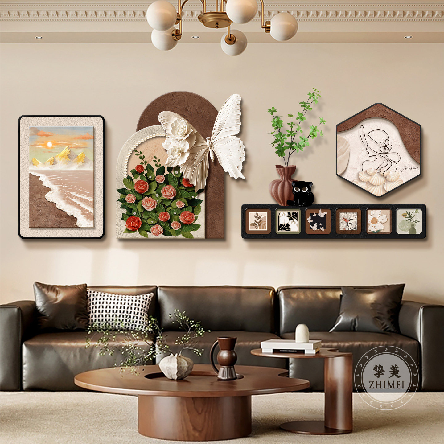 法式奶油风客厅装饰画新款组合餐厅壁画中古风沙发背景墙挂画蝴蝶