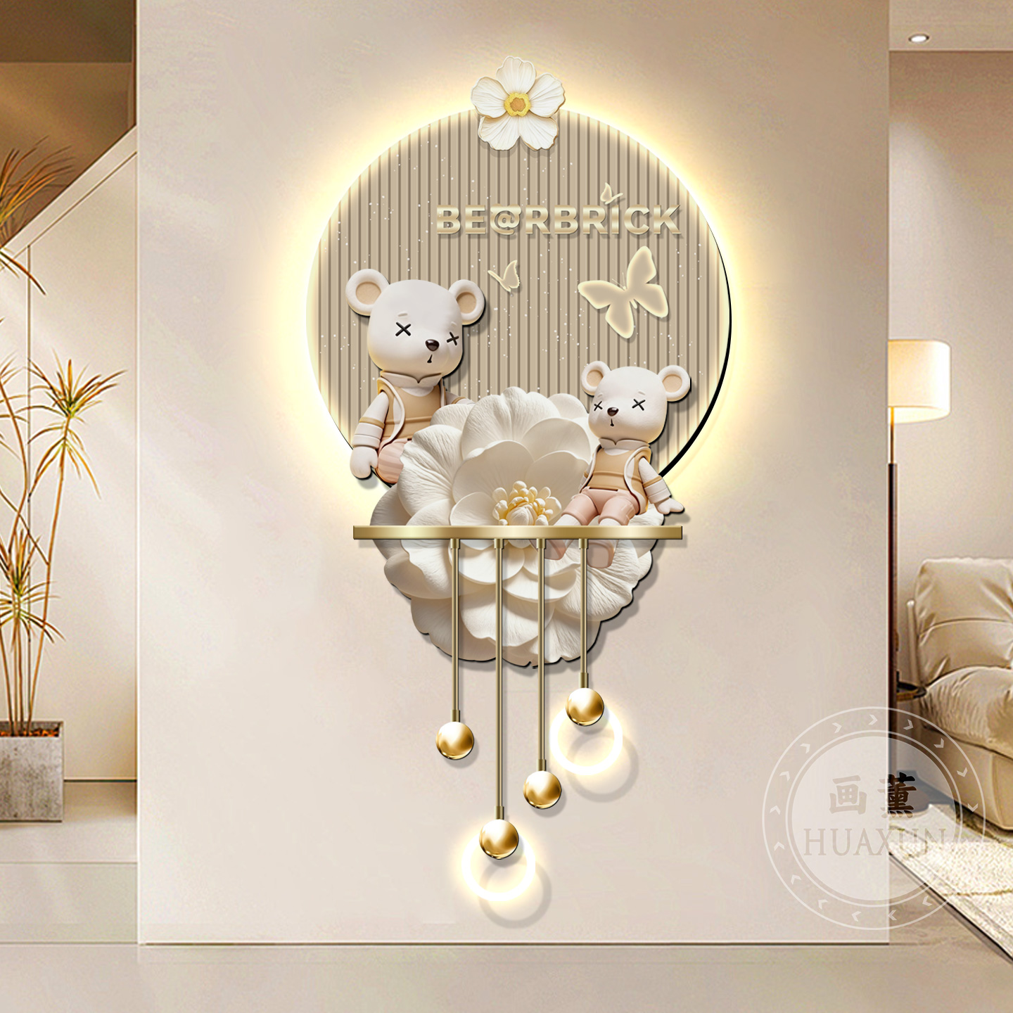 轻奢奶油风暴力熊玄关装饰画高级感入户客厅背景墙创意格栅挂件灯图片