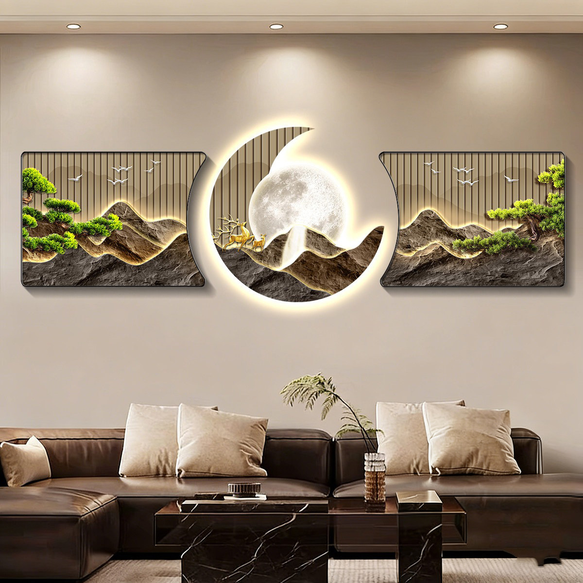 家有靠山客厅装饰画新中式沙发背景墙挂画轻奢大气三联组合壁画