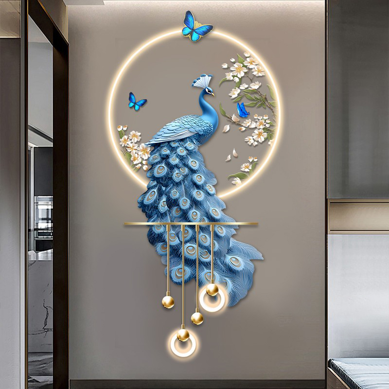 孔雀玄关装饰画高级感立体LED壁灯新中式入户走廊过道挂画2025新图片