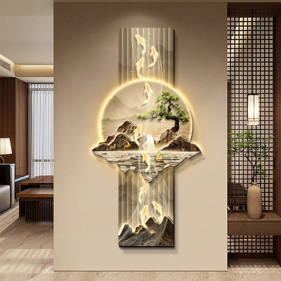 九鱼图新中式玄关装饰画 画轻奢大气山水走廊尽头挂画 画入户门客