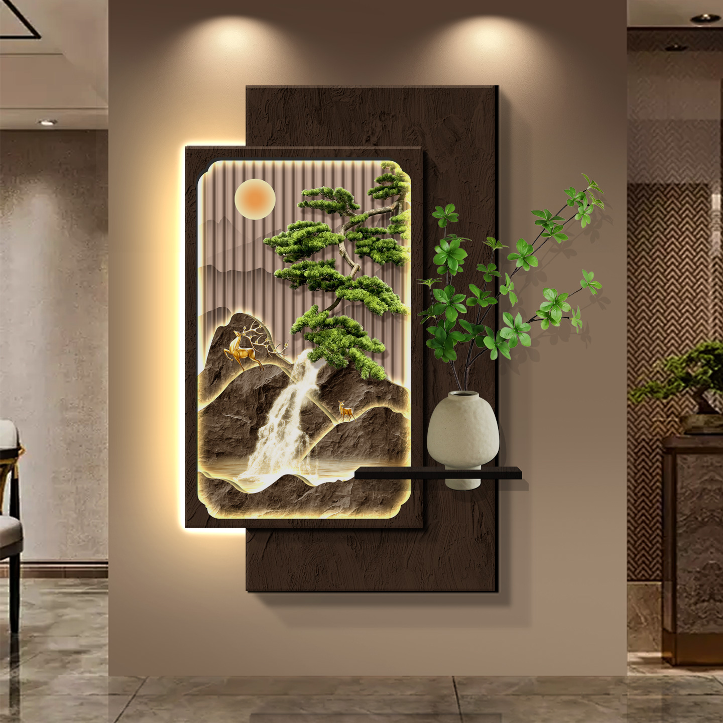 迎客松玄关装饰画高档立体壁灯画