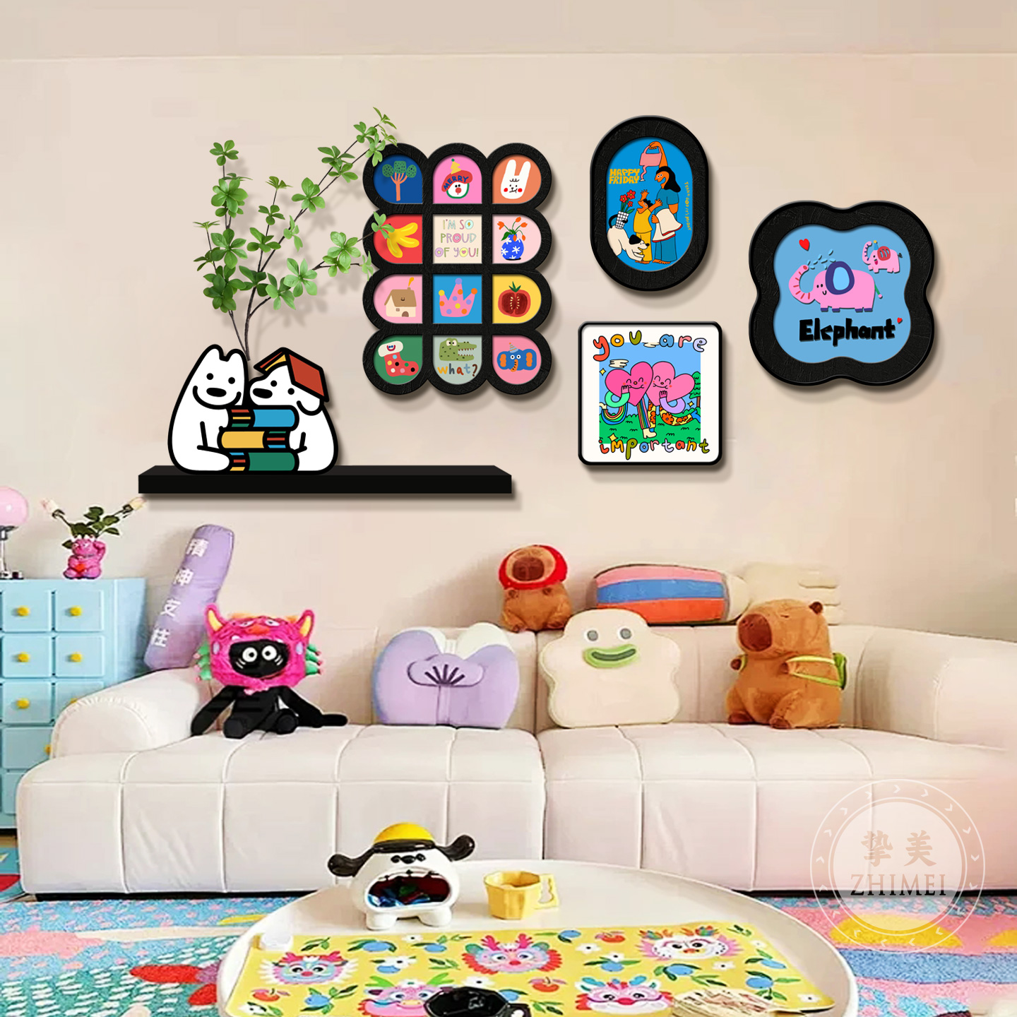 多巴胺奶油风沙发背景墙挂画