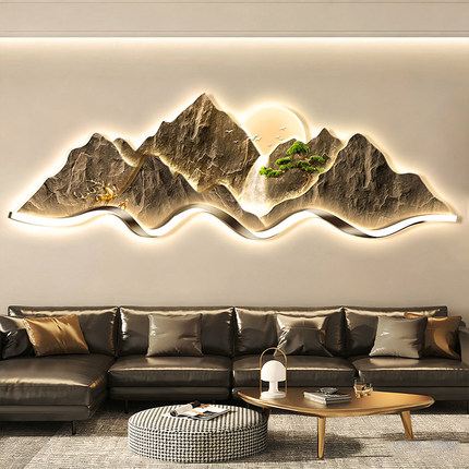背有靠山客厅装饰画轻奢高级感大气沙发背景墙挂画山水画led灯画