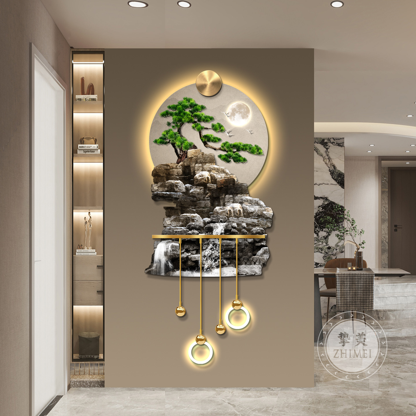 流水生财玄关装饰画山水高档立体