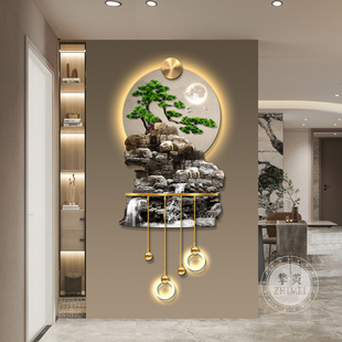流水生财玄关装饰画山水高档立体LED壁灯迎客松入户走廊过道挂画