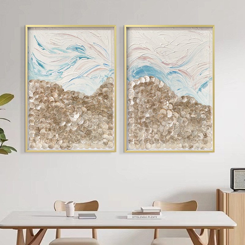 高级感法式手贴贝壳装饰画客餐厅艺术手绘油画竖挂三联画立体壁画图片