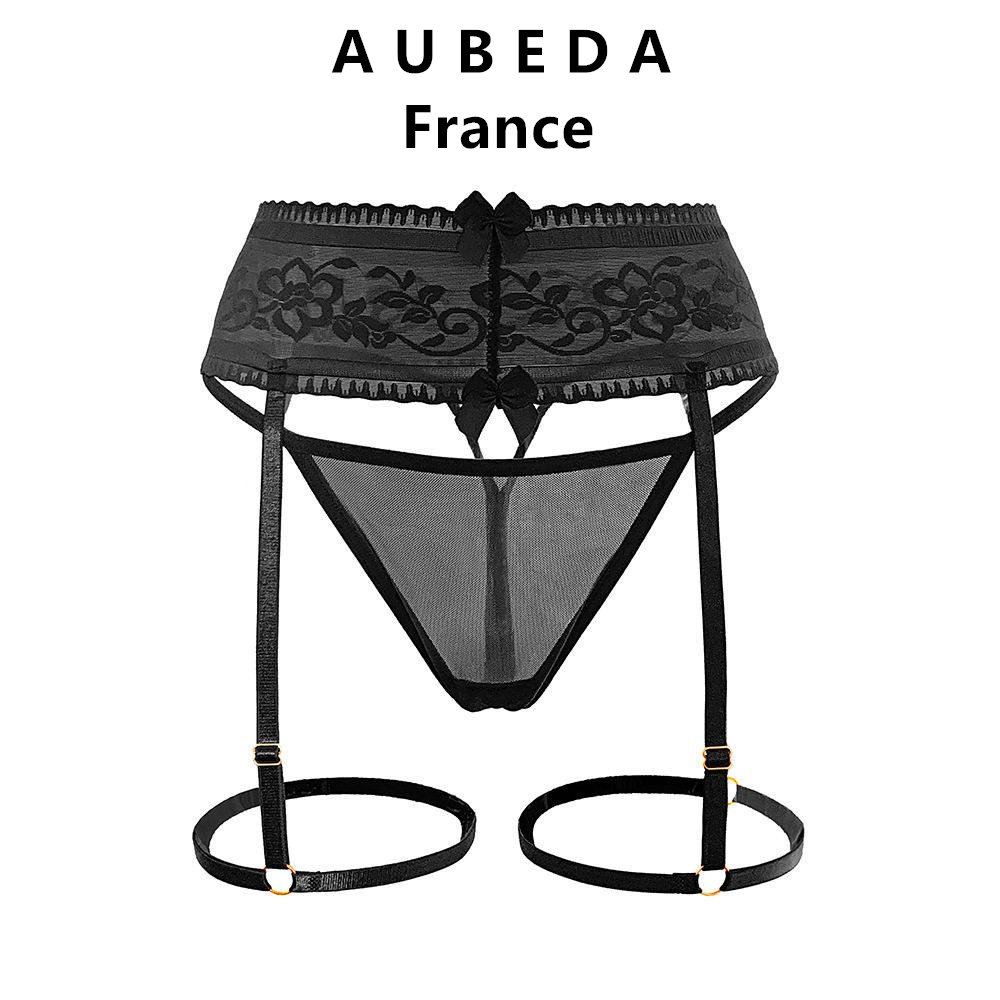 法国 Aubeda 可调节镂空超薄蕾丝腿环吊袜带内裤女性感黑丝袜套装