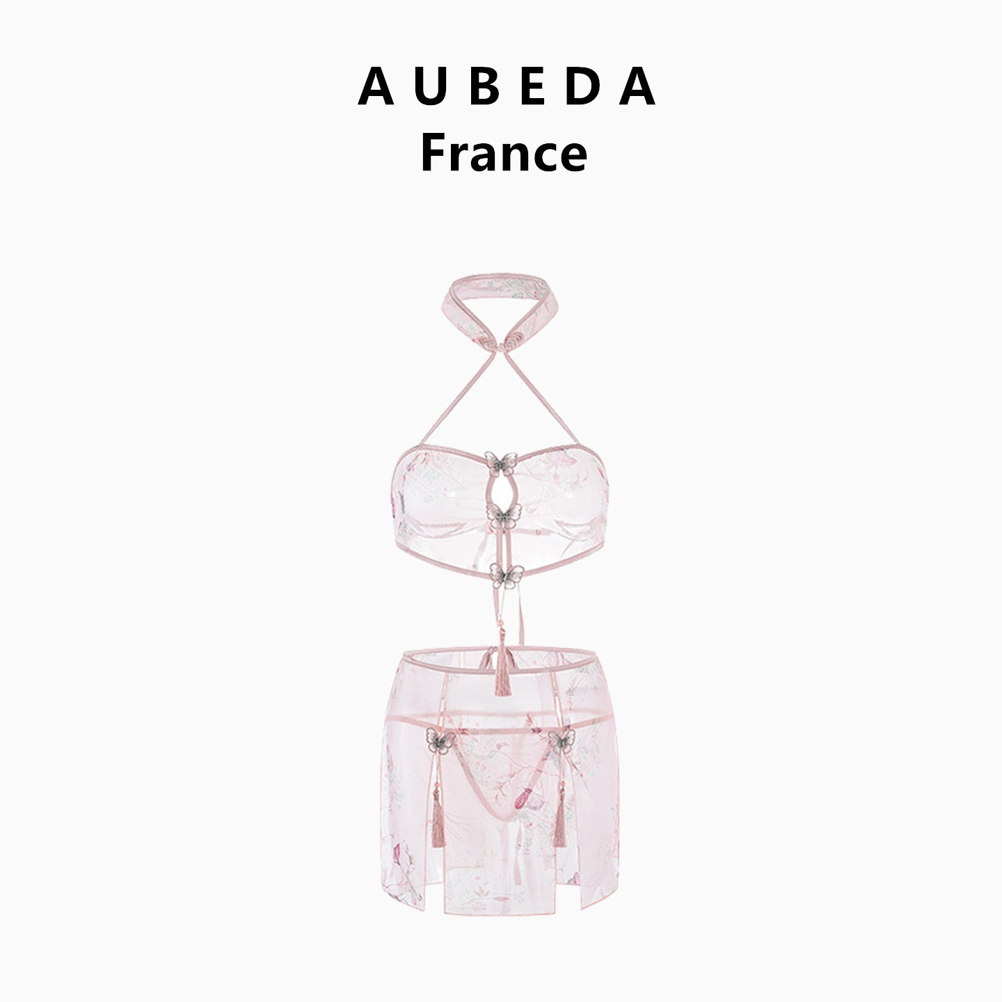 法国 Aubeda 性感透视诱惑蕾丝网纱睡裙少女甜美纯欲挂脖家居套装