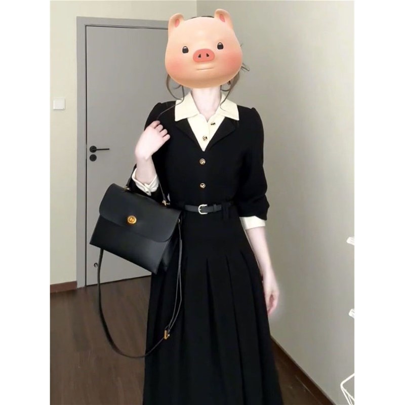 2025春季温柔气质n拼色假两件连衣裙女学生收腰显瘦翻领过膝长裙