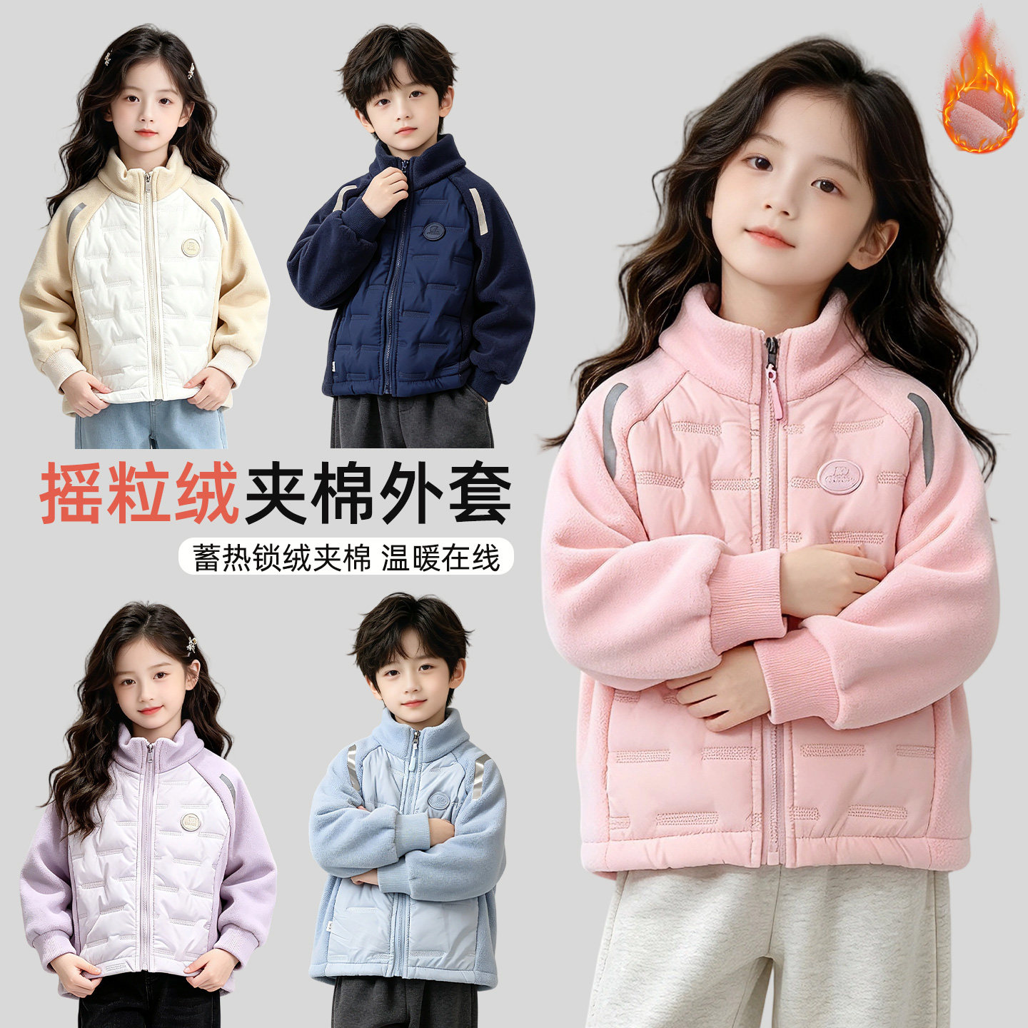 儿童摇粒绒外套2026新款秋冬加厚校服神器内搭男女童夹棉保暖棉服