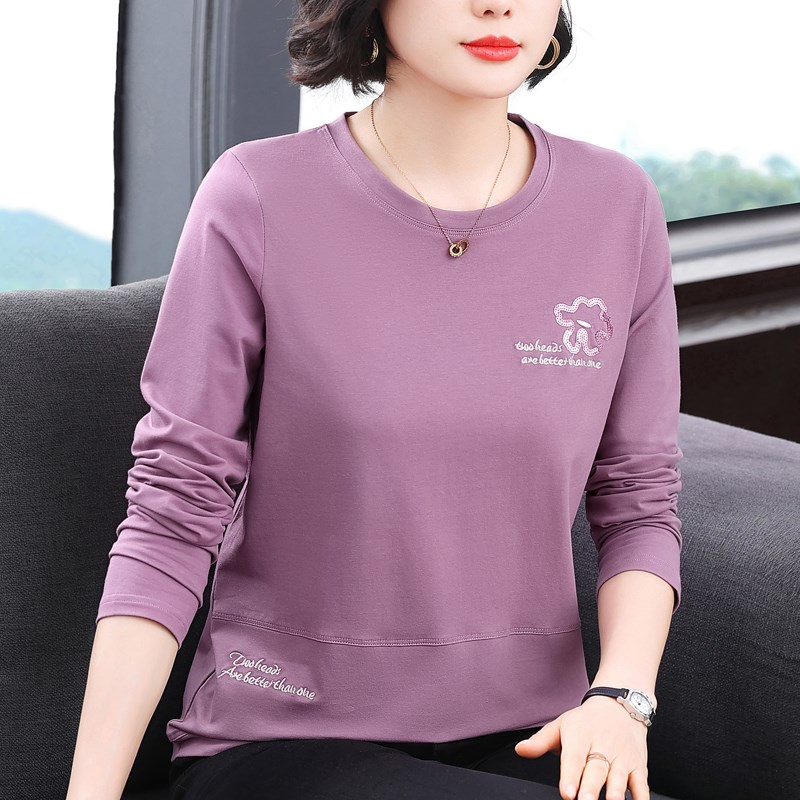 秋衣纯棉a长袖t恤女中年妈妈圆领薄款减龄内搭上衣春秋新款打底衫