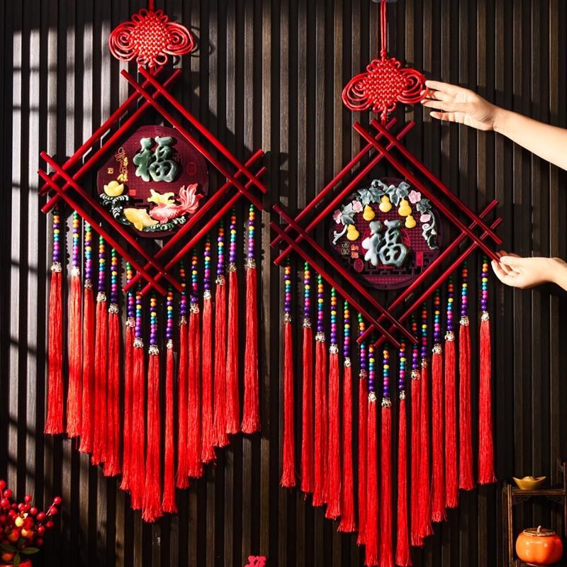 乔迁新居装饰202m5中国结挂饰客厅高档桃木福字大号玄关入户门布