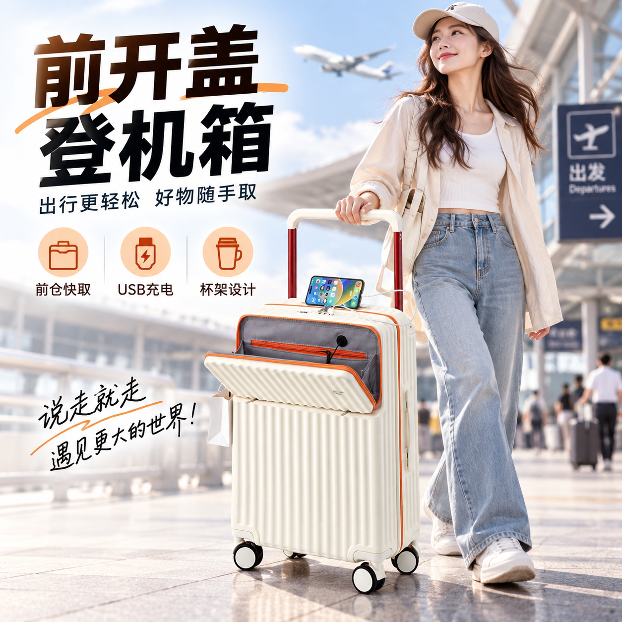 前开盖20寸登机拉杆箱USB充电