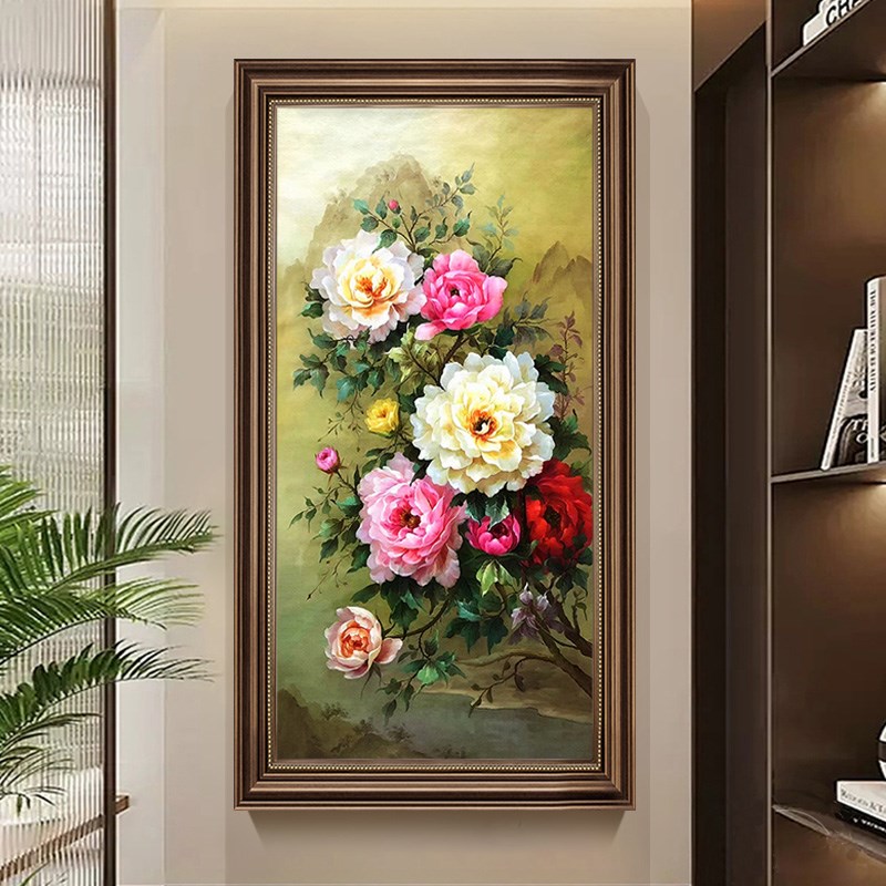 新中式牡丹花卉油画欧式玄t关装饰画中古风书房过道挂画楼梯间壁图片