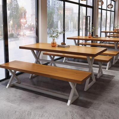 工业风小酒吧烧烤店实木餐桌面馆饭店食堂小吃店铁艺餐桌椅组合