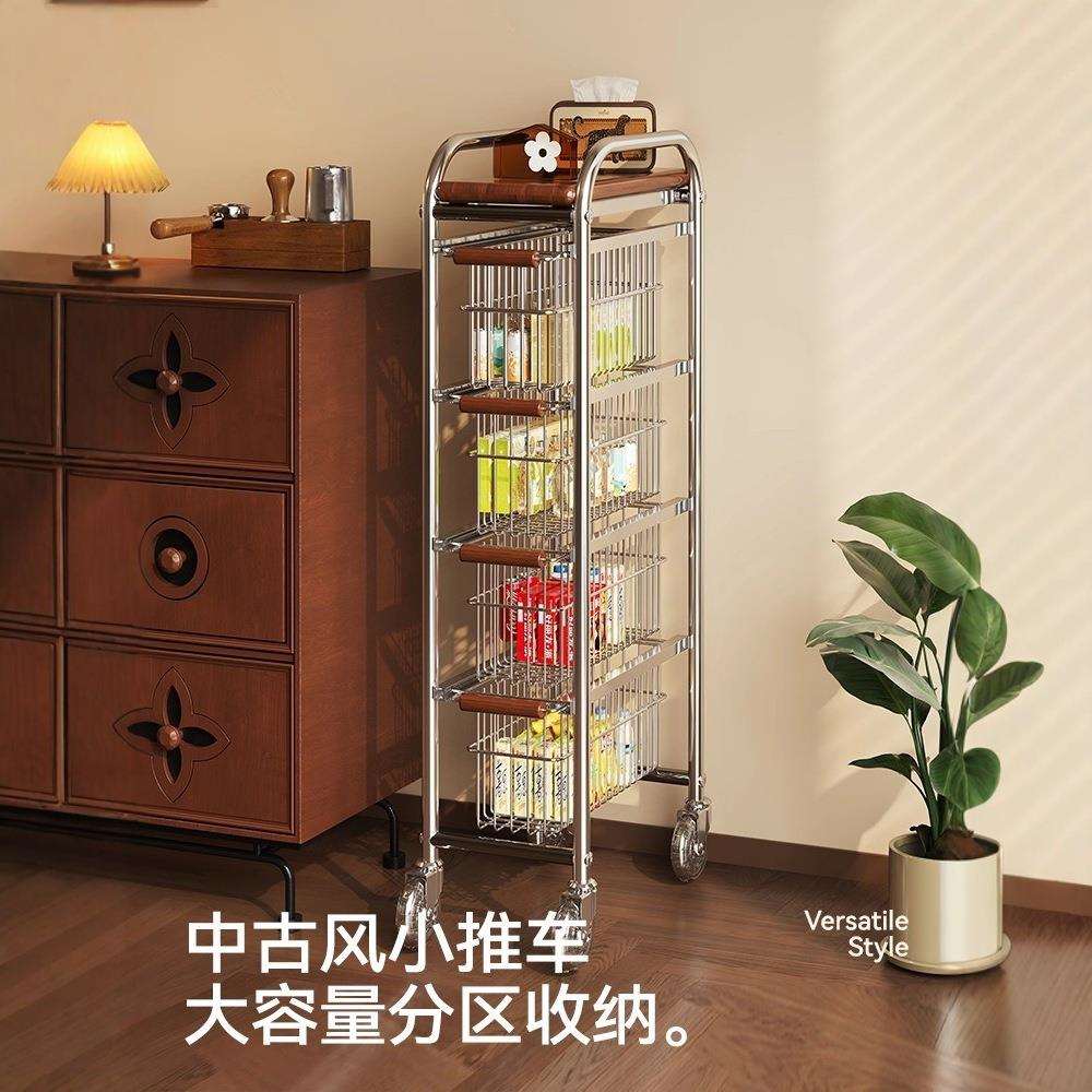 中古风厨房夹缝置物架冰箱侧收纳架小推车抽拉极窄缝隙移动储物柜