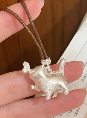 新中式可爱猫与蝴蝶长款吊坠项链