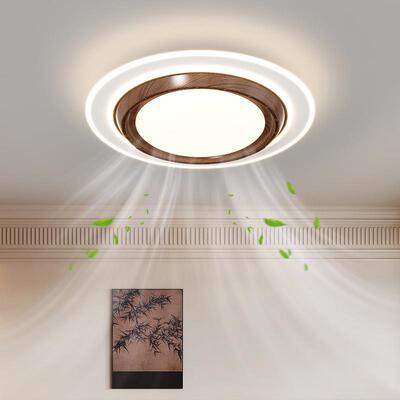 卧室风扇灯中古风胡桃木色简约圆形无叶风扇灯隐形静音主卧吸顶灯