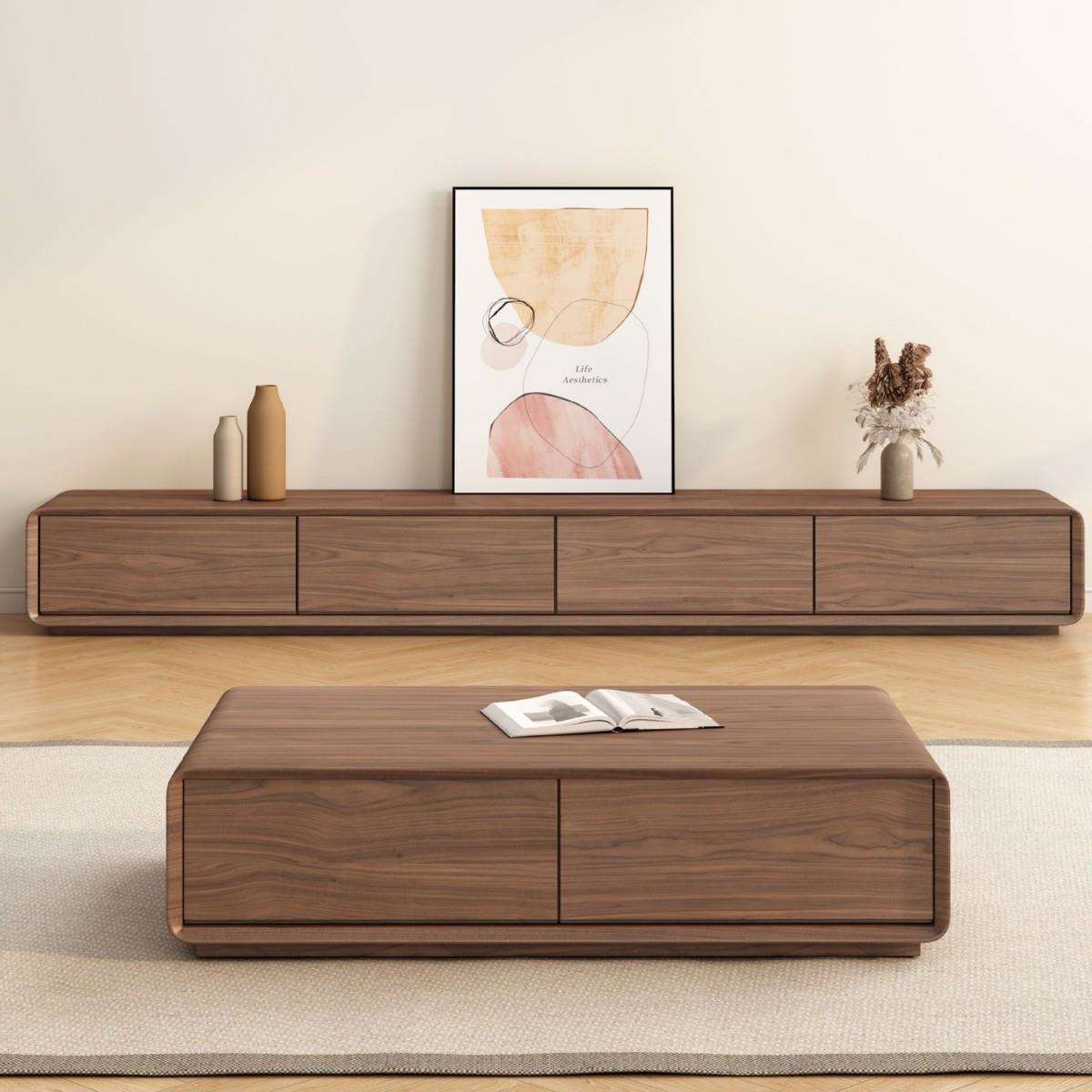 现代简约实木电视柜茶几组合黑胡桃木落地大小户型悬空壁挂电视柜