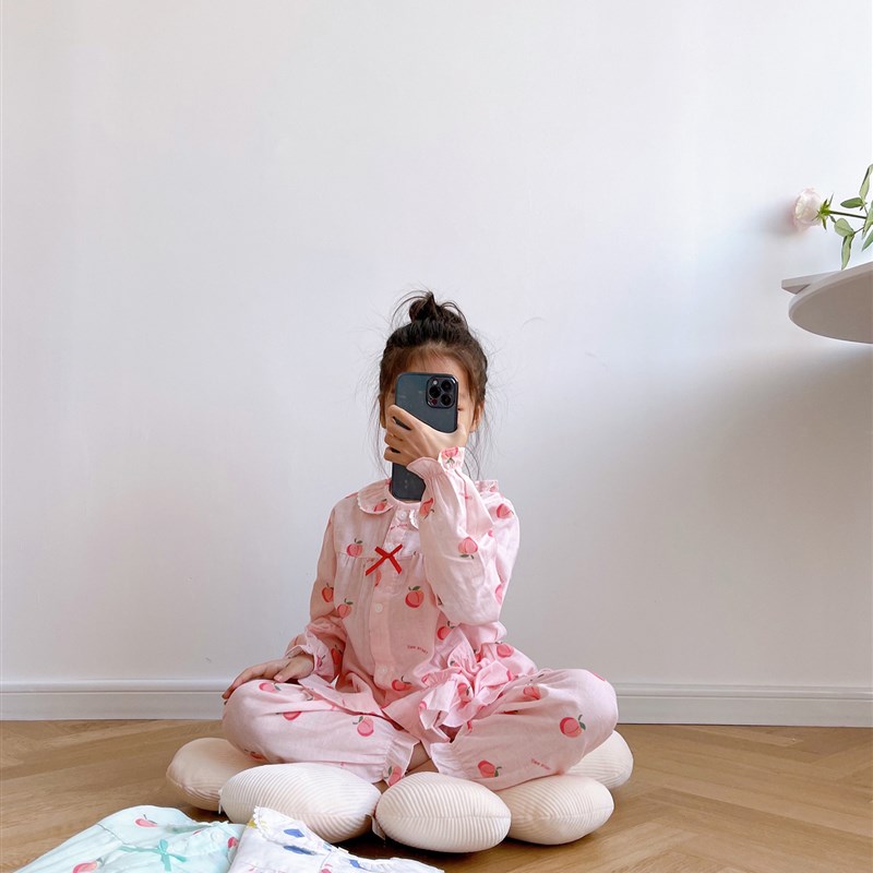 儿童居家空调服女童男童薄款休闲B长袖纯棉宽松睡衣裤套组两件套