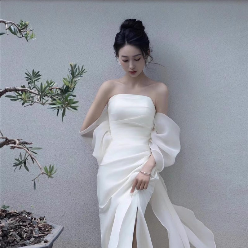 法式缎面白色抹胸晨袍新娘结婚轻婚纱敬酒晚礼服裙出门.仙气泡泡