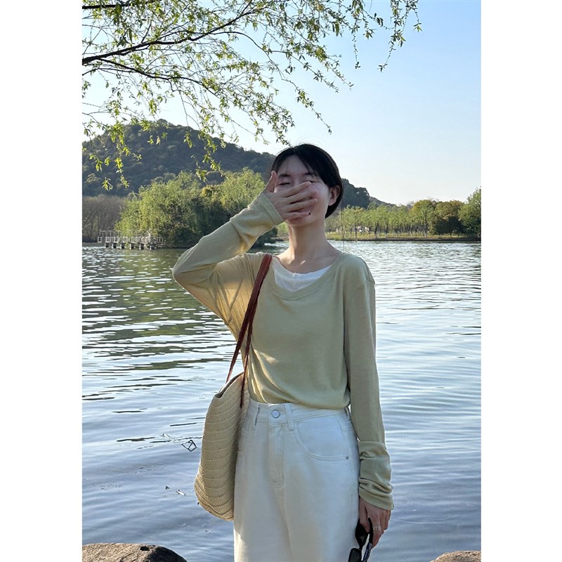 九五氏长b假两件拼接撞色长袖T恤女设计感小众打底衫上衣