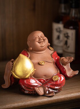 精品紫砂福禄寿喜财五福弥勒摆件禅意家居博古架摆设茶室桌面装饰