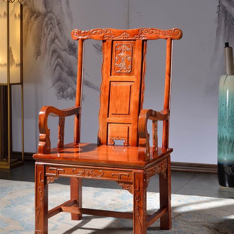 新中式实木椅子圈椅官帽椅三件套卷书椅靠背茶椅主人椅客位月牙椅