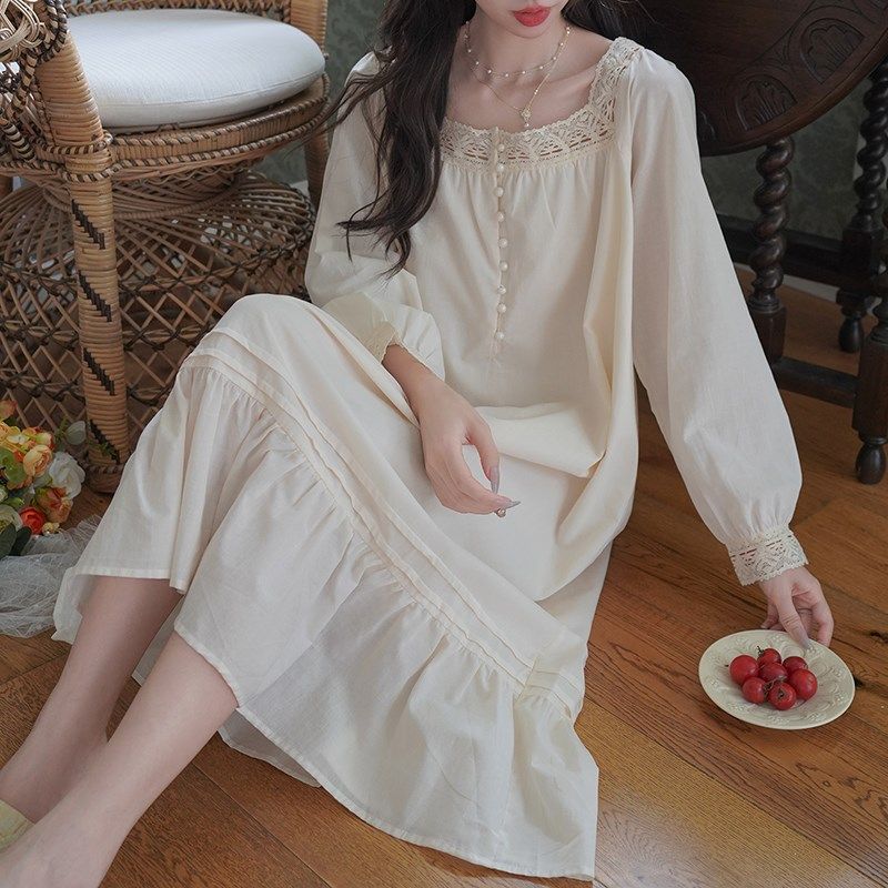 白月光韩国甜美公主风方领纯棉睡裙女秋季宫廷风薄款长袖睡衣女