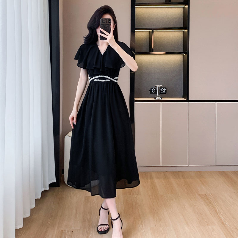 大码女装2024新款高级感雪纺腰身珍珠装饰显O瘦中长裙短袖连衣裙