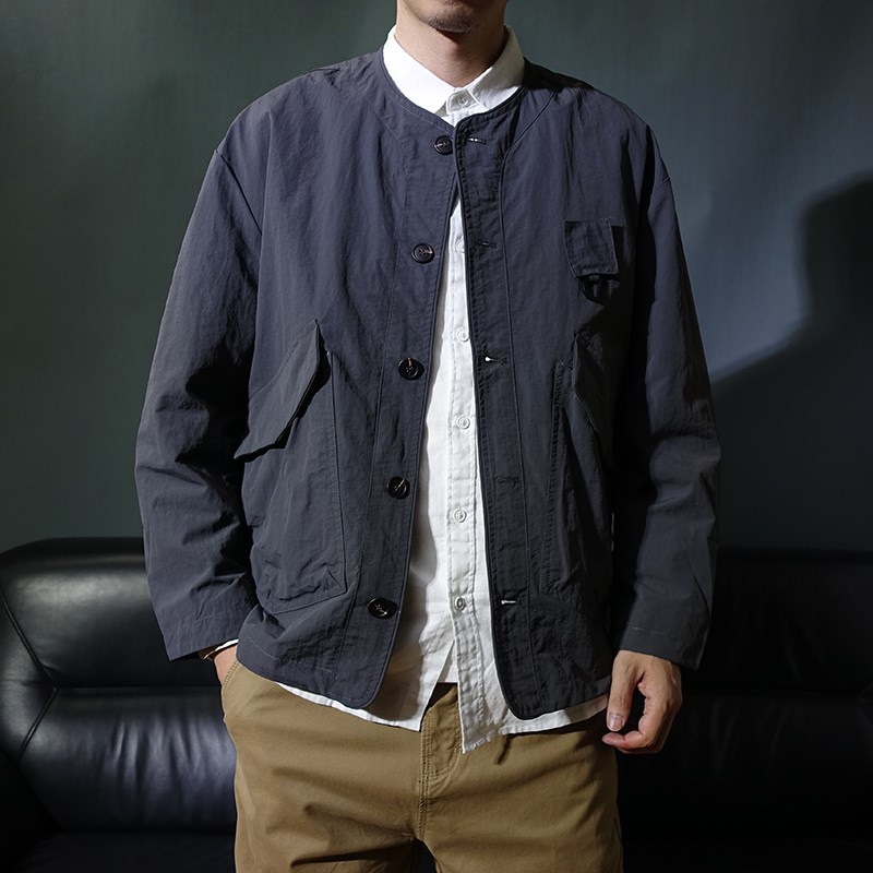 秋季无领薄款大口袋复古工装夹克男短款日系单排扣宽松外套茄克衫