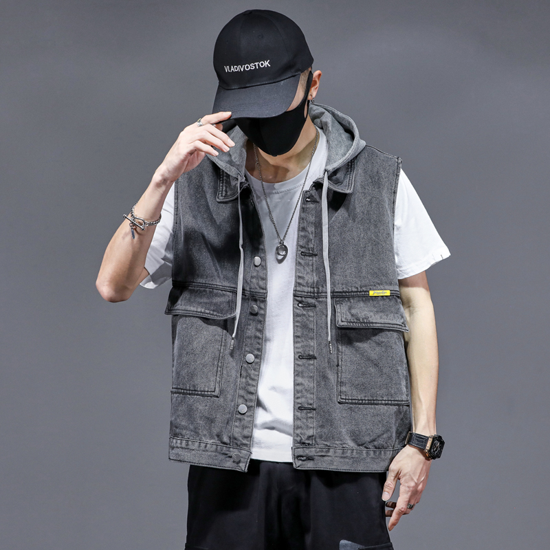 春秋季百搭连帽牛仔马甲男宽松无袖bf风连帽背心坎肩外套上衣外穿