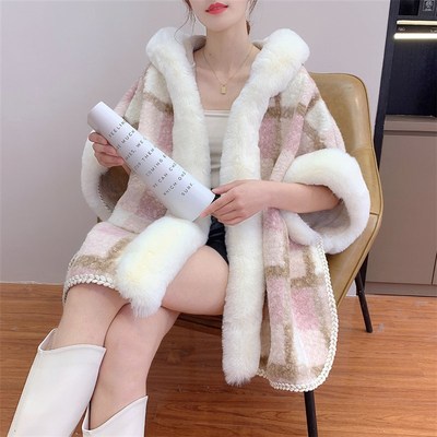 小个子穿搭秋f冬加绒加厚连帽百搭网红披肩斗篷女毛呢外套宽松外