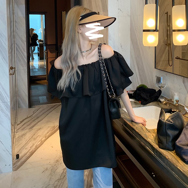 孕妇上衣夏季宽松法式气质一字肩荷叶边高级感缎面短袖娃娃衫夏装