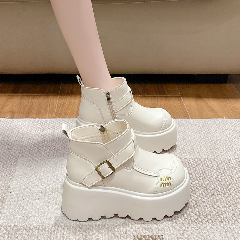 英伦风马丁靴女2024新款冬季加绒松糕厚底增高短靴高跟棉鞋小个子