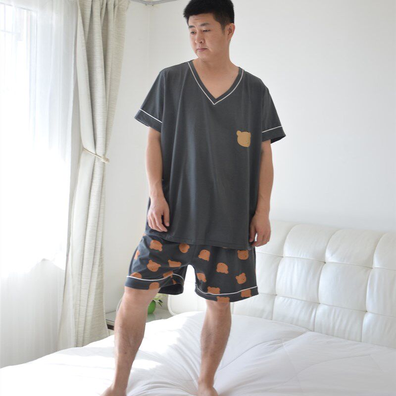 260斤加肥加大码卡通睡衣男夏季短袖短裤针织纯棉卡通休闲家居服