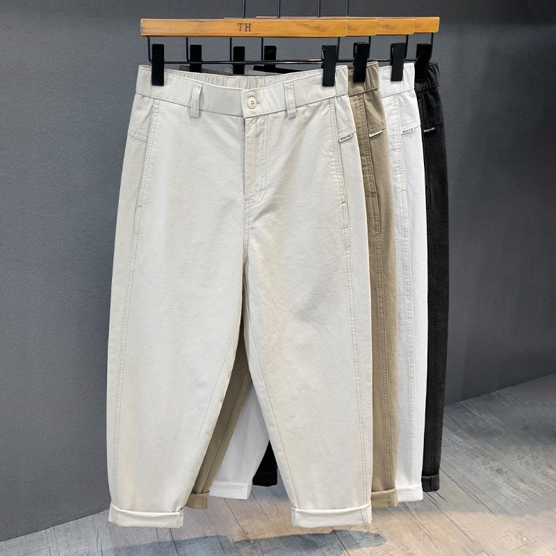 横亘密织杏色纯棉九分休闲裤男士宽松锥形小直筒工装男裤2025新款