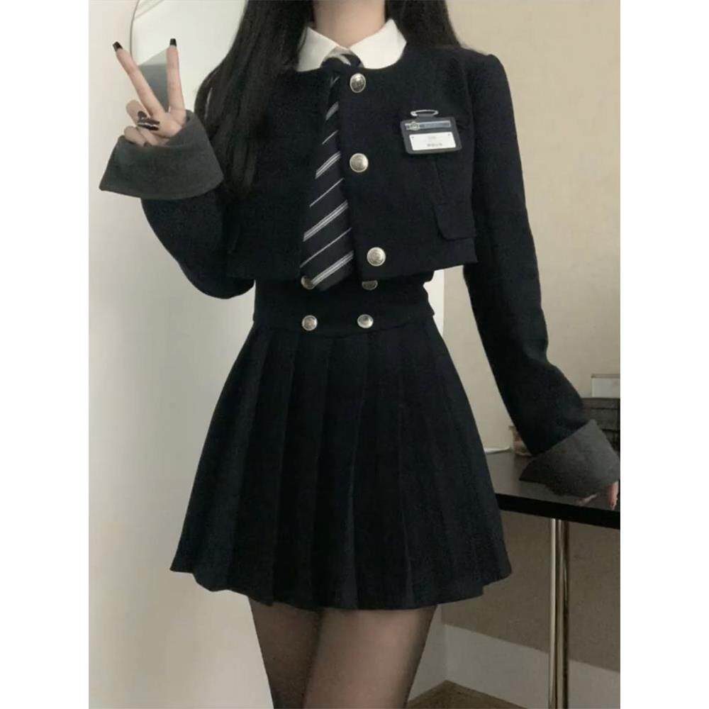 短款西装外套jk制服美式学院风套装女春秋款高腰显瘦百褶裙两件套