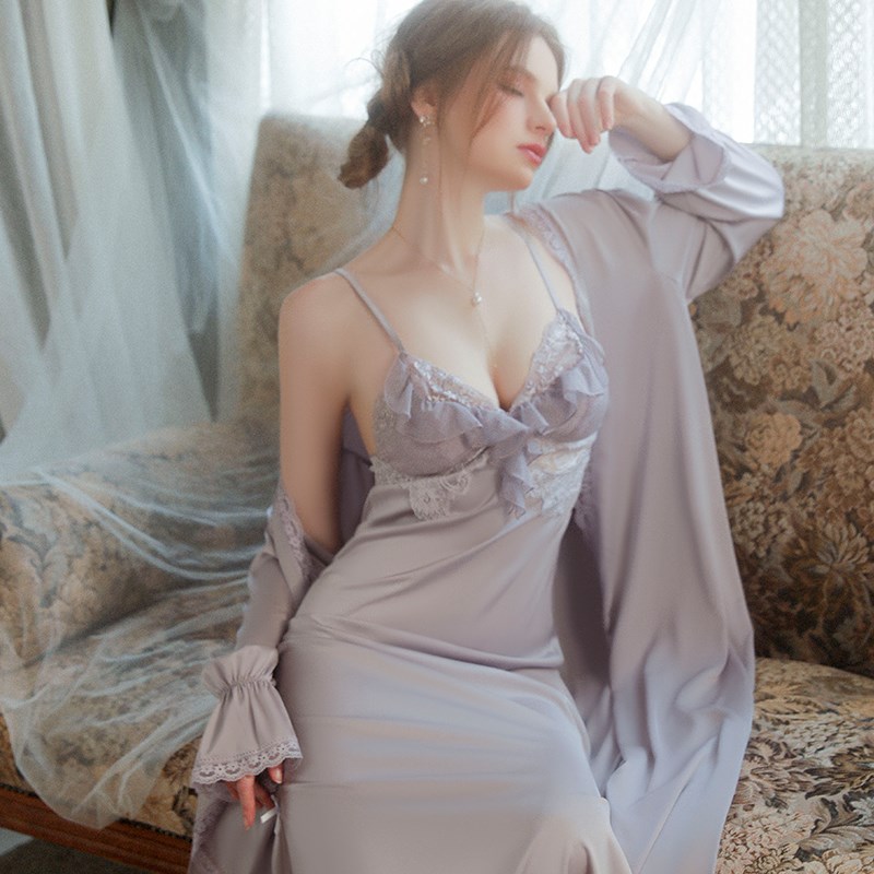 吊带睡裙女e春夏长袖睡袍冰丝绸两件套高级感薄款带胸垫睡衣家居