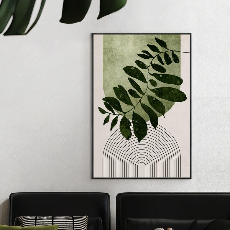莫兰迪绿色植物抽象几何装饰画中古风装饰画现代客厅背景墙挂画图片