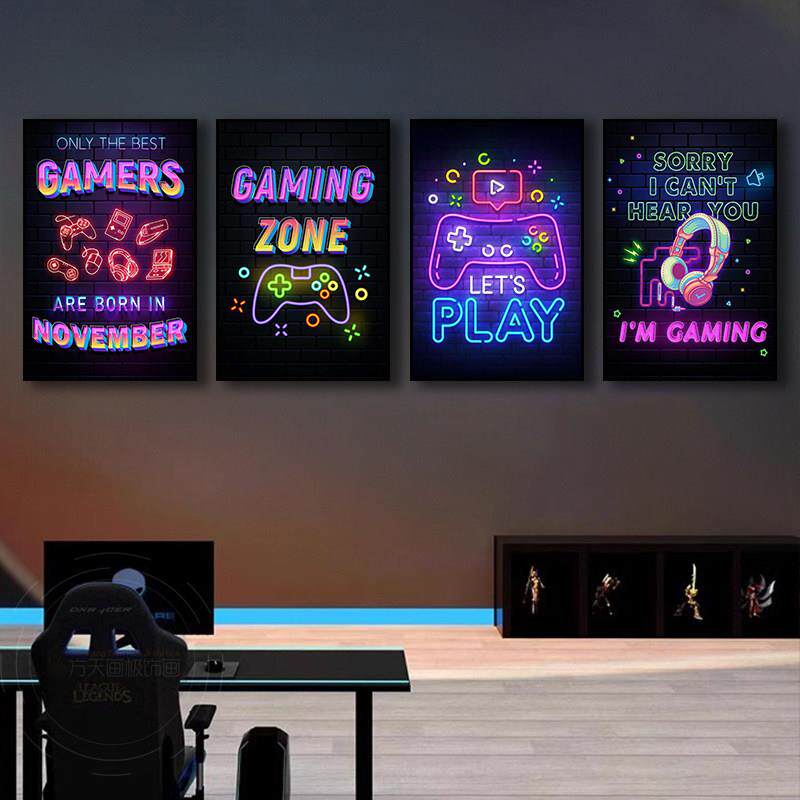 电竞酒店墙面装饰画赛博朋克霓虹灯挂画主机游戏房间LED发光灯画