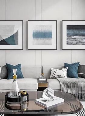 现代简约客厅装饰画蓝色几何抽象三联挂画极简壁画艺术墙画正方形