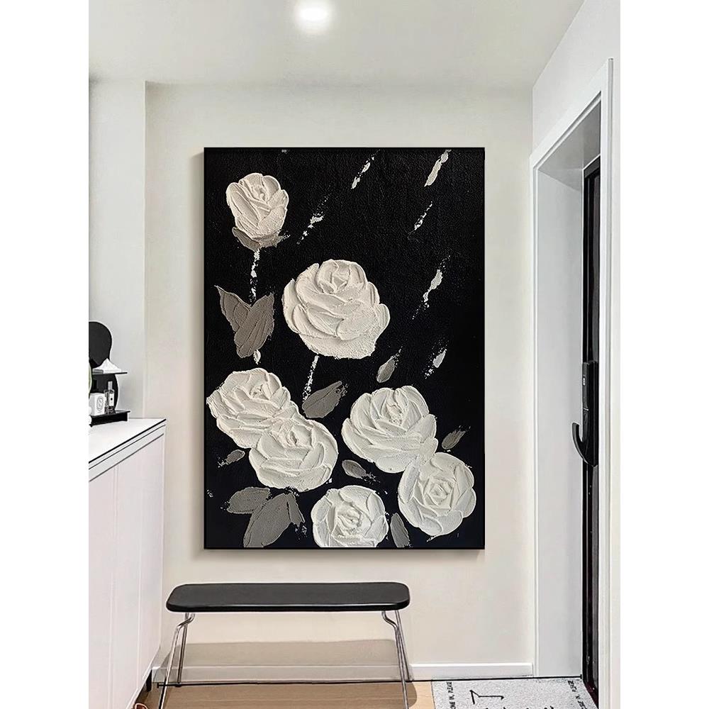 现代黑白灰极简客厅挂画玫瑰花卉肌理感艺术玄关餐厅背景墙装饰画图片