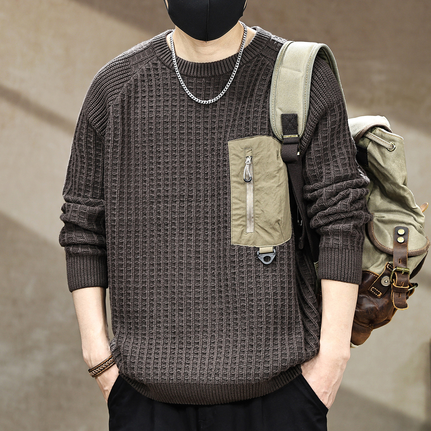 高端美式复古拼接贴袋毛衣男冬季2025新款重磅潮牌针织衫男士线衫,男装,针织衫/毛衣,淘宝优惠券,粉丝福利购,淘宝优惠卷