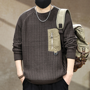 复古拼接贴袋毛衣男冬季 线衫 2025新款 男士 重磅潮牌针织衫 高端美式