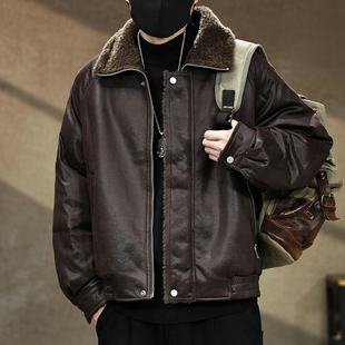 新款 皮衣冬季 宽松保暖美拉德夹克外套潮 重磅加绒男士 皮毛一体美式