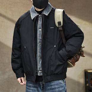 美式假两件牛仔拼接翻领羽绒服男款2025新款工装宽松短款加厚外套