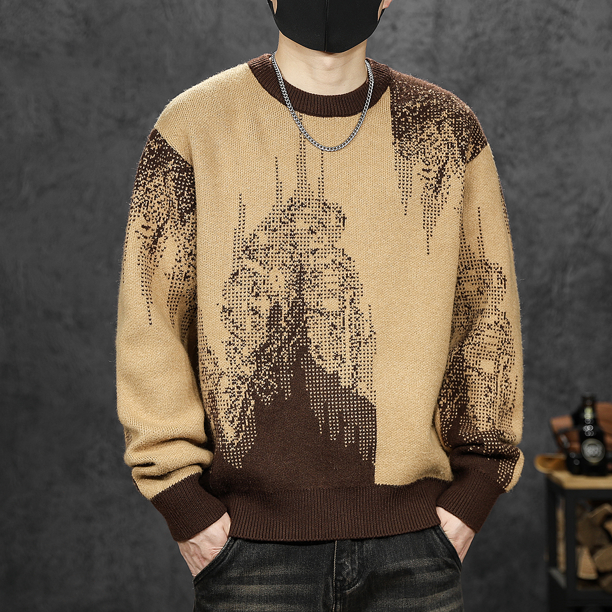 设计感撞色圆领毛衣男士秋冬季