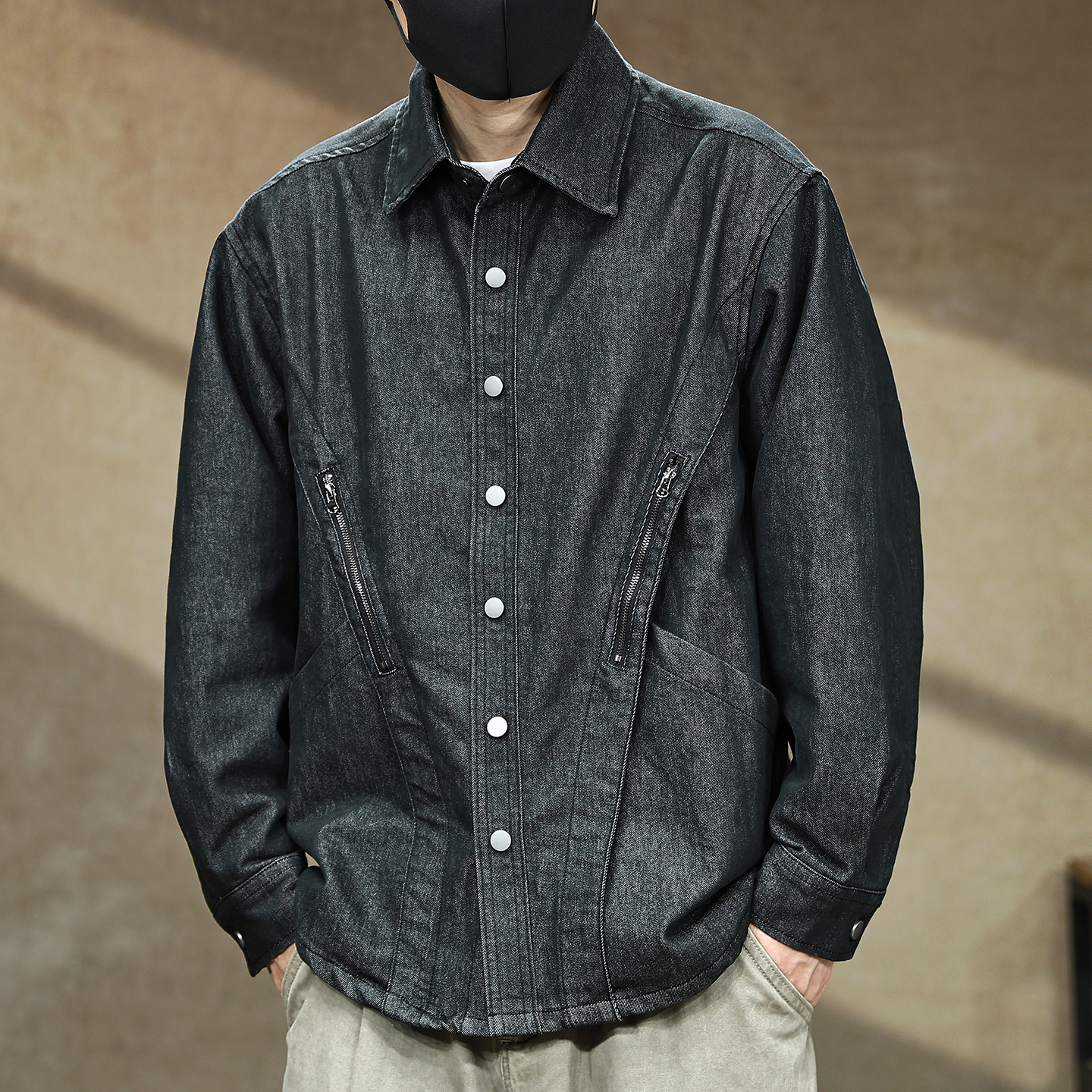 美式复古高级感仿牛仔长袖衬衫男士2025秋季新款潮流工装夹克外套